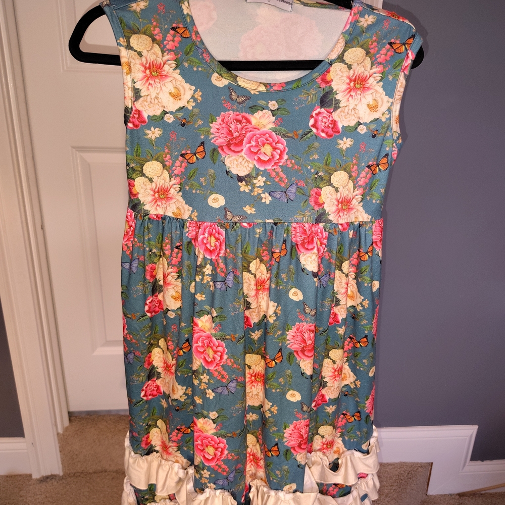 Size 14 Adorable Sweetness Girls'‎ Floral Ruffle Dress in Teal and Pink Boutique